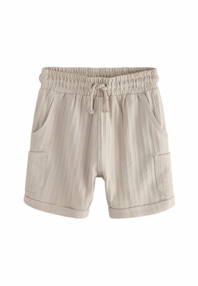 Shorts beige clair avec une taille élastique et un cordon de serrage, dotés de deux poches latérales et d'un motif rayé texturé subtil.