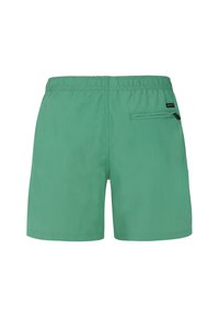 Shorts de bain verts avec une taille élastique, une poche arrière zippée et une texture de tissu lisse et léger.