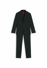 Dunkelgrüner Anzug mit einreihigem Blazer und geraden Hosen, ausgestattet mit einem Reverskragen, Seitentaschen und Knopfdetails.