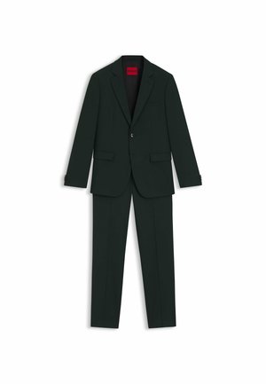 Dark green suit with a single-breasted blazer and flat-front trousers, featuring a notched lapel, side pockets, and button accents.