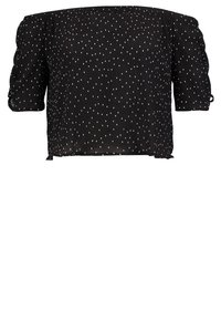 Schwarzes Kurzarmoberteil mit schulterfreiem Design, aus strukturiertem Stoff und mit einem weißen Pünktchenmuster.