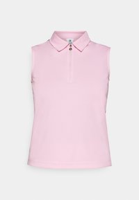 Ärmlös rosa pikétröja i texturert tyg, med ståkrage och en kvartslång dragkedja. Inga ytterligare mönster eller detaljer.