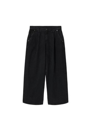 Μαύρο παντελόνι ψηλόμεσο, φαρδύ, cropped με κουμπί μπροστά, φερμουάρ, πλαϊνές τσέπες και θηλιές για ζώνη σε λευκό φόντο.