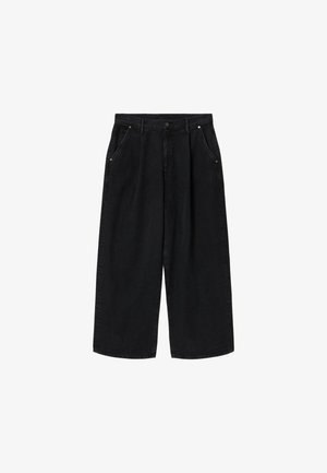 Μαύρο παντελόνι ψηλόμεσο, φαρδύ, cropped με κουμπί μπροστά, φερμουάρ, πλαϊνές τσέπες και θηλιές για ζώνη σε λευκό φόντο.