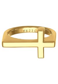 Goldfarbener Ring mit einem flachen, geometrischen Kreuzdesign und glänzender Oberfläche. Auf dem inneren Band eingraviert "KUZZO".