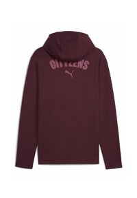 Felpa con cappuccio color marrone bordeaux, con maniche lunghe, caratterizzata dalla parola "CITYLENS" in rosa sul retro e un piccolo logo Puma rosa.