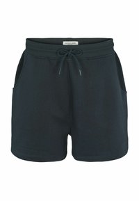 Tmavě modré kraťasy vyrobené z měkké tkaniny, s elastickým pasem se stahovací šňůrkou, dvěma bočními kapsami a uvolněným střihem.