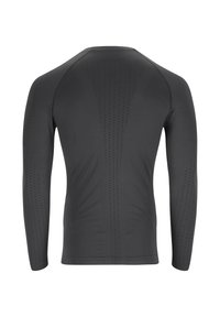 Schwarzes langärmeliges Sportshirt mit strukturierten Belüftungsmustern auf Rücken und Ärmeln, von hinten gezeigt.