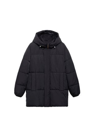 Schwarze Daunenjacke mit Kapuze, ausgestattet mit einem gesteppte Design, vorderer Druckknopfverschluss und zwei seitlichen Taschen. Weiches, isoliertes Material.