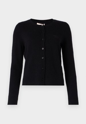 Cardigan nero realizzato in morbido tessuto lavorato a maglia, con collo rotondo, maniche lunghe e bottoni sul davanti. Logo discreto sul petto.