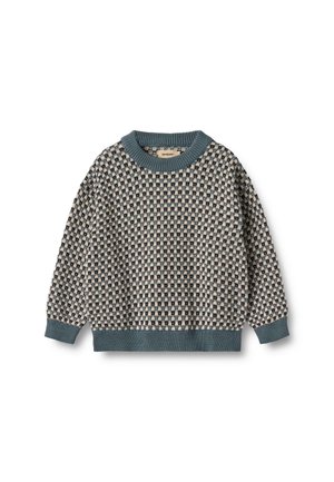 Børns langærmede strikkede sweater med blå manchetter og krave, der har et lille ternet mønster i creme, blå og sort.