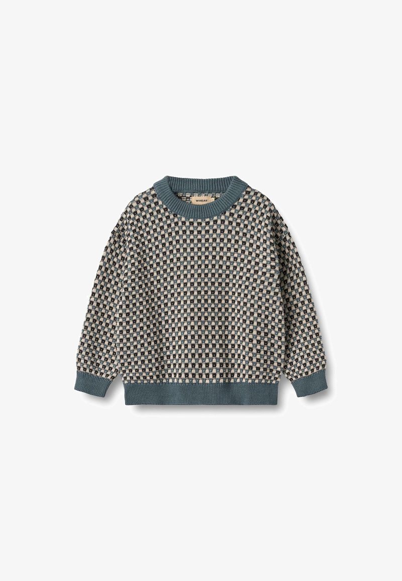 Pull en maille à manches longues pour enfants avec poignets et col bleus, présentant un petit motif à carreaux en crème, bleu et noir.