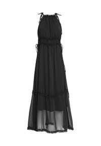 Vestido maxi negro hecho de tela ligera. Presenta un escote halter, cintura fruncida y volantes en capas en el dobladillo. Textura suave en toda su extensión.