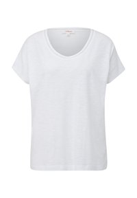 Weißes T-Shirt mit kurzen Ärmeln, das einen Rundhalsausschnitt und einen strukturierten Stoff mit dezenten Mustern aufweist; lässige Passform und weiches Material.