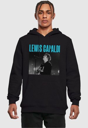 Black hoodie featuring a large graphic print of a man playing guitar. Text above in blue reads "LEWIS CAPALDI." Front kangaroo pocket.