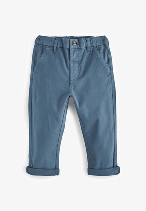 Pantaloni in cotone blu misto con taglio dritto, dotati di risvolti, tasche frontali e chiusura con bottone in vita.
