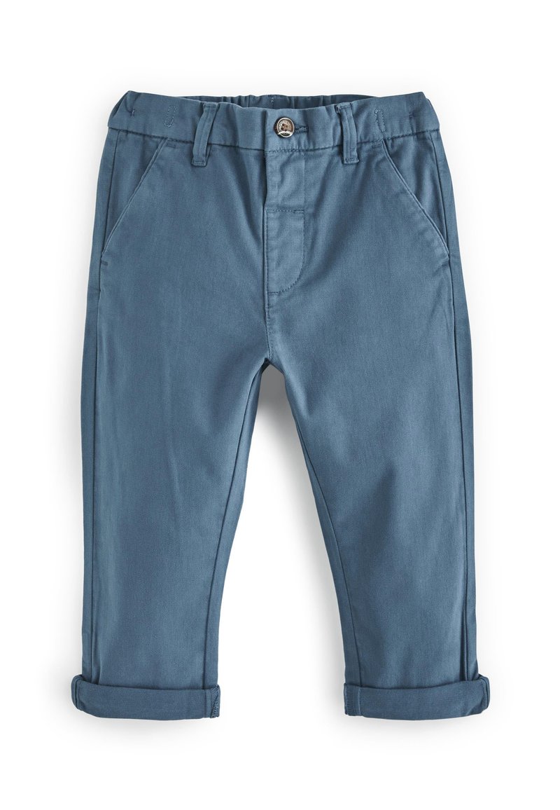 Blaue Baumwollmischungshose mit geradem Schnitt, mit umgeschlagenen Säumen, Fronttaschen und einem Knopfverschluss an der Taille.