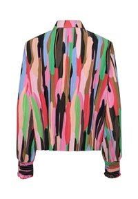 Vícebarevná plisovaná bunda s výrazným abstraktním vzorem v růžové, zelené, modré a černé barvě. Elastické manžety s nařaseným detailem.