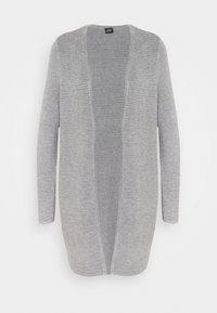 Ljusgrå lång cardigan i strukturerad stickad kvalitet med öppen framsida och långa ärmar, med ett subtilt randigt mönster genom hela plagget.