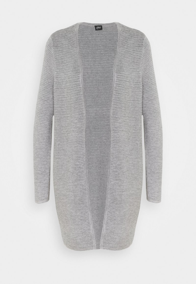 Ljusgrå lång cardigan i strukturerad stickad kvalitet med öppen framsida och långa ärmar, med ett subtilt randigt mönster genom hela plagget.