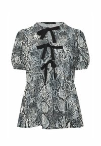 Blusa con estampado de serpiente en negro y gris, con mangas cortas abullonadas, escote redondo y tres cintas negras en la parte delantera. Tejido ligero.