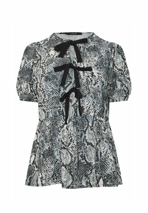 Blouse imprimée serpent noir et gris avec des manches courtes bouffantes, un col rond et trois rubans noirs à l'avant. Tissu léger.
