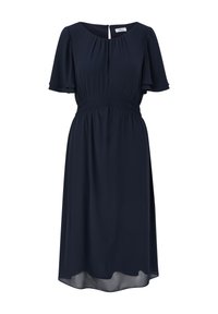 Navy blauwe jurk van lichtgewicht stof. Het heeft korte fladdermouwen, een gerimpelde taille en een sleutelgatsluiting aan de achterkant.