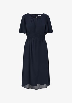 Navy blauwe jurk van lichtgewicht stof. Het heeft korte fladdermouwen, een gerimpelde taille en een sleutelgatsluiting aan de achterkant.