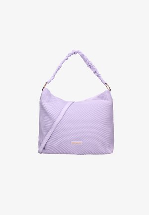 Borsa a tracolla di colore viola, con una trama particolare e una tracolla annodata. Dotata di una tracolla rimovibile. Presenta un logo discreto sul fronte.