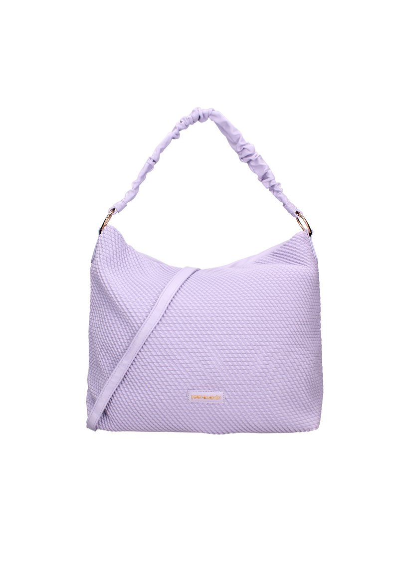 Paars handtasje met een gestructureerd oppervlak, een geknoopt schouderband en een afneembare crossbody strap. Voorzien van een subtiel logo aan de voorkant.
