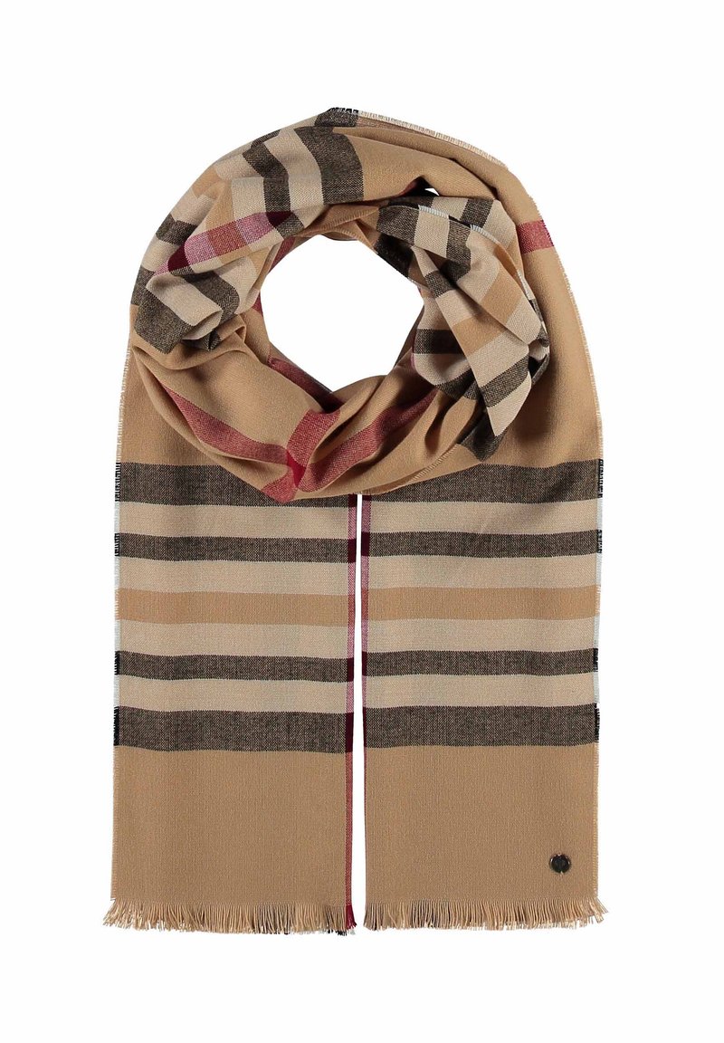 Sciarpa beige con strisce orizzontali in marrone scuro, marrone chiaro e rosso, caratterizzata da bordi sfrangiati e un piccolo logo decorativo. Tessuto morbido.