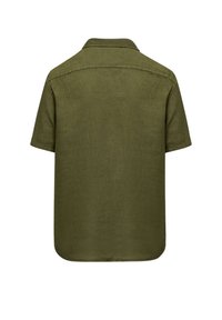Koszula z krótkim rękawem w oliwkowej zieleni z lnu, z kołnierzykiem, gładką teksturą i luźnym krojem, z klasycznym wycięciem na plecach.