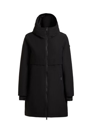 Czarna długa zimowa kurtka z kapturem, zapinana na zamek z przodu, z długimi rękawami i prostym krojem, prezentowana na białym tle.