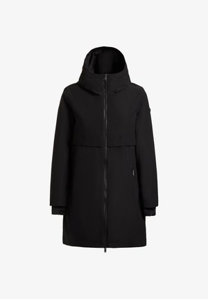 Schwarzer langer Kapuzen-Wintermantel mit Frontreißverschluss, langen Ärmeln und geradem Schnitt, auf weißem Hintergrund präsentiert.