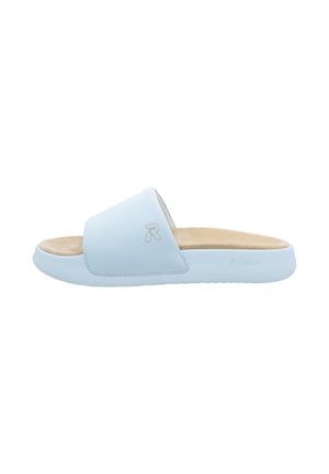 Light blue slide sandal with a wide strap. Features a soft, padded insole and textured rubber outsole. Logo embossed on strap.