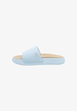 Light blue slide sandal with a wide strap. Features a soft, padded insole and textured rubber outsole. Logo embossed on strap.