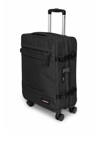 Schwarzer rollender Koffer aus strapazierfähigem Stoff, mit ausziehbarem Griff, vier Rollen, mehreren Fächern und verstellbaren Gurten.