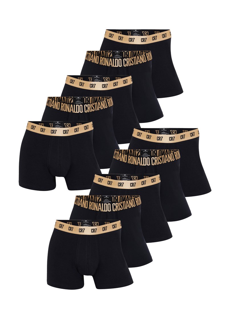 Svarta boxershorts för män med en bred elastisk midjeresår med "CR7" och "Cristiano Ronaldo" i guldfärgad text.