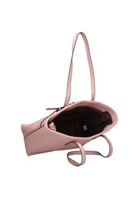 Borsa a tote in pelle rosa con una texture liscia, cuciture di accentatura nera e apertura superiore. Interno marrone con tasche per l'organizzazione. Cinghie regolabili.
