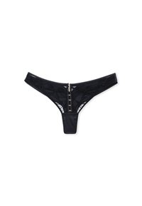 Schwarzer String mit einer Spitzenoptik und einer glatten Satinfront. Bemerkenswerte Details sind ein zentrales Haken-Element und minimale Abdeckung.