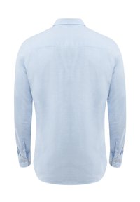 Lichtblauw overhemd met lange mouwen, gemaakt van een geweven stof met een kraag, knopenmanchetten en een gebogen zoom, met een minimalistisch ontwerp.