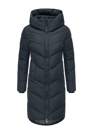 Langer, dunkelblauer puffiger Mantel mit Kapuze, featuring Zickzack-Steppung, langen Ärmeln und einem Frontreißverschluss. Weicher, isolierter Stoff.