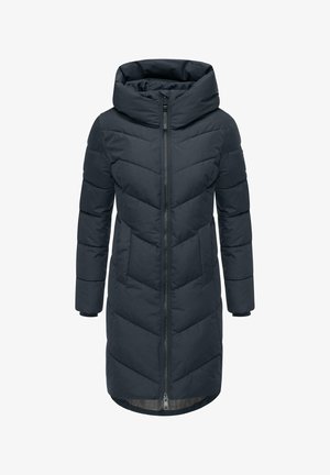 Dlouhý, tmavě námořnický prošívaný kabát s kapucí, s chevronovým prošíváním, dlouhými rukávy a předním zipem. Měkká, izolační tkanina.