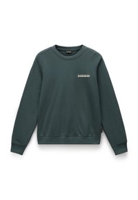 Grüner Baumwoll-Sweatshirt mit langen Ärmeln, geripptem Rundhalsausschnitt und Saum. Enthält ein kleines Logopatch auf der Vorderseite. Glatte Textur.