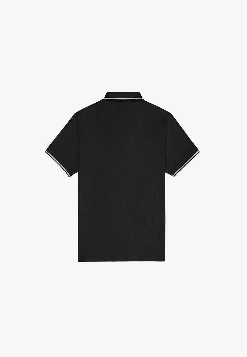 Polo noir à manches courtes avec col côtelé et poignets de manches présentant de fines rayures blanches, montré de dos sur un fond blanc.