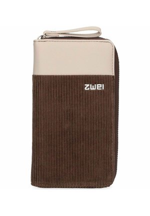 Brown corduroy wallet with beige top section, zipper closure, wrist strap, and "zwei" logo on front.