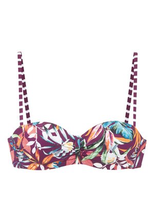 Bikini-Oberteil mit lila Basis, buntem tropischem Blattmuster und verstellbaren Schulterriemen mit lila-weiß gestreiftem Design.