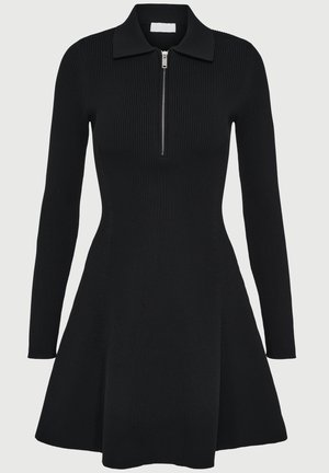 Black ribbed long-sleeve knit dress with a collar, half-zip front, fitted waist, and flared skirt.