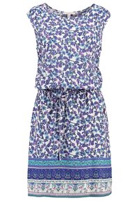 Vestido floral de tela ligera con un patrón en azul y púrpura, diseño sin mangas y una cintura con cordón y dobladillo decorativo.