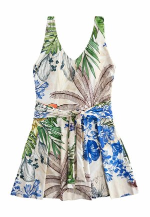 Ziedu raksta kleita ar V veida kakla izgriezumu, rotāta ar zaļām lapām un zilām ziedēm uz bēša fona, ar savāktu jostasvietu un lentīti, kā arī ar krokotu svārku.